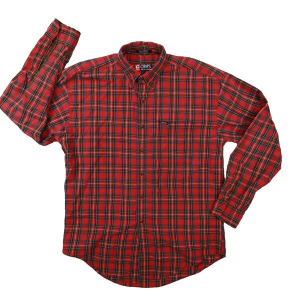 Chaps Ralph Lauren Vintage Men's Red Navy Blue Plaid Button Up Shirt Size Medium - Picture 1 of 8
